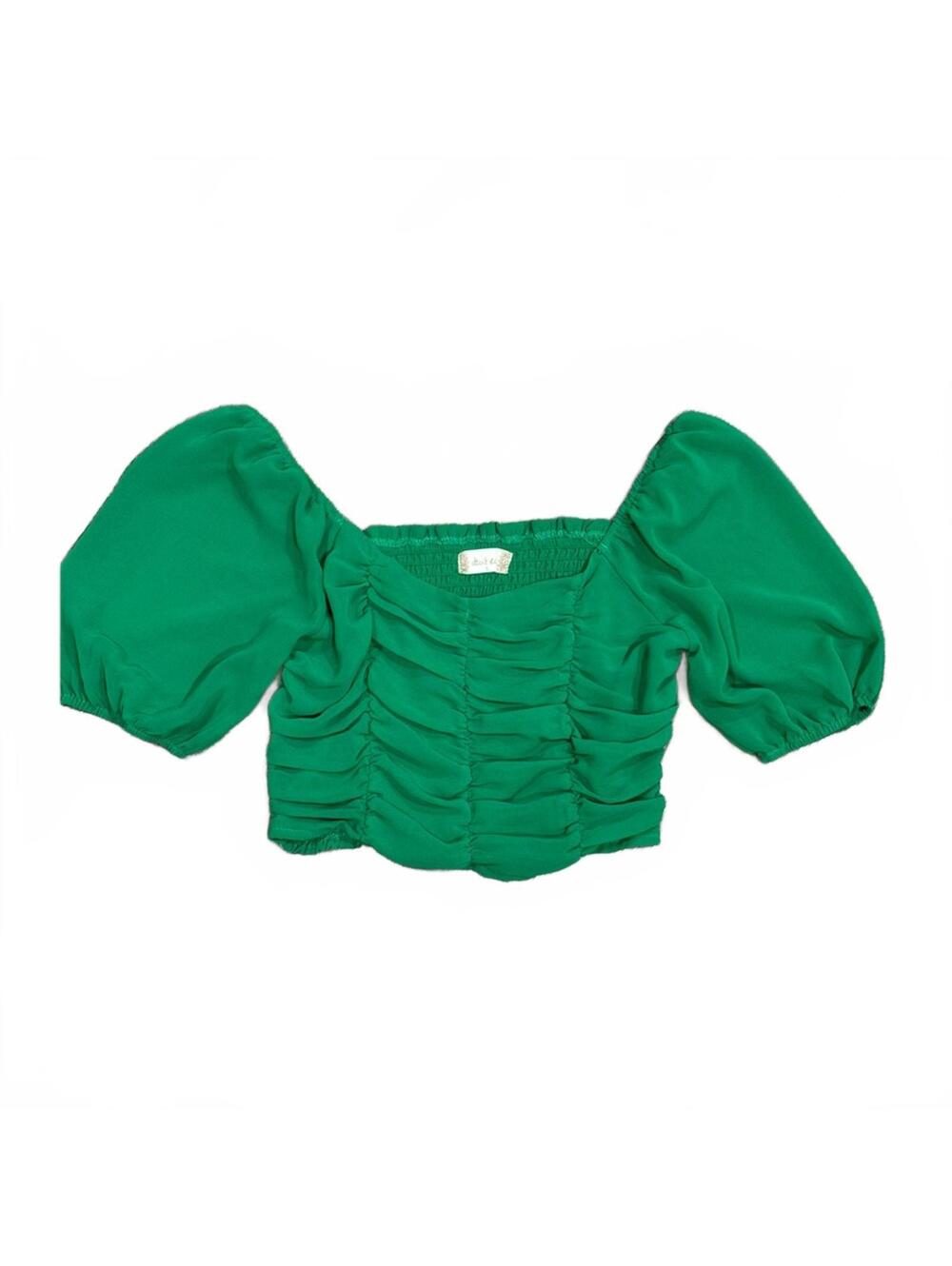 Altar'd State Kelly Green Ruched Puff Sleeve Crop Top Milkmaid Cottagecore Small